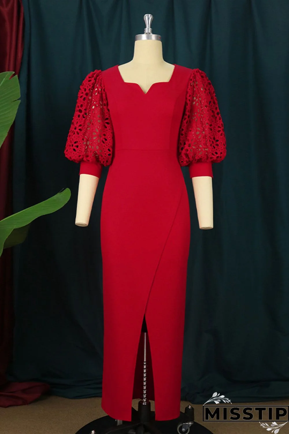 Red Fashion Casual Solid Patchwork Slit V Neck Evening Dress Dresses