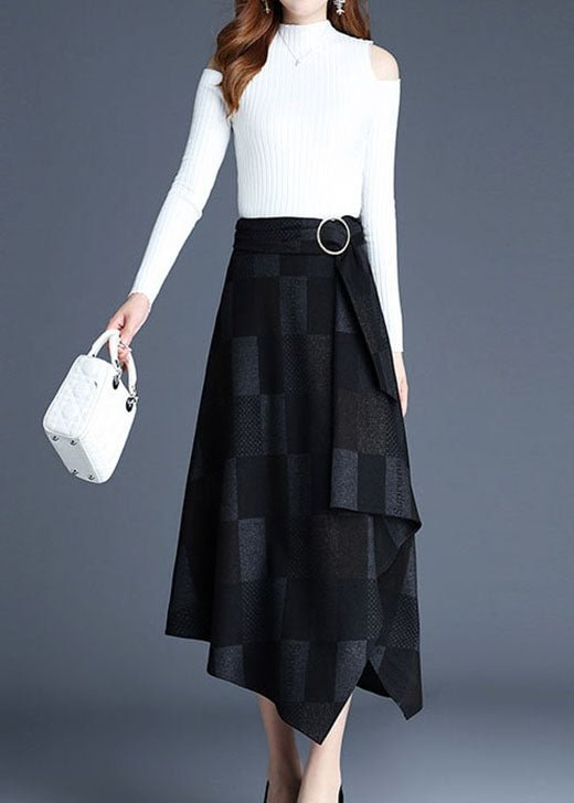 Italian Black Asymmetrical Plaid Cotton Skirt Spring CK2192- Fabulory