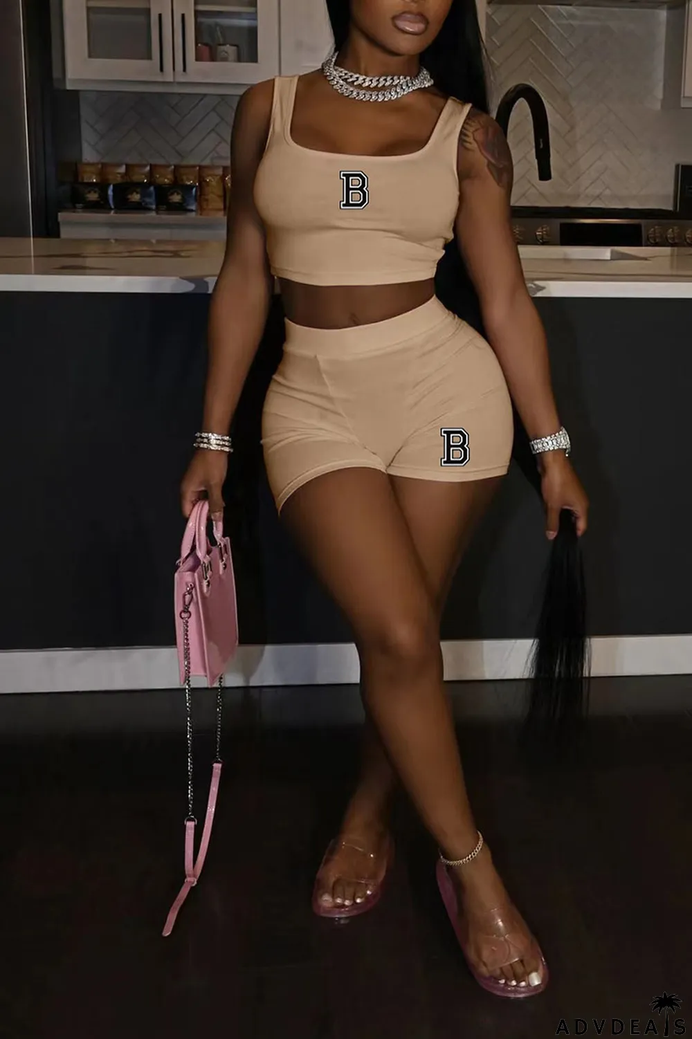 Orange Casual Print Patchwork U Neck Two Pieces