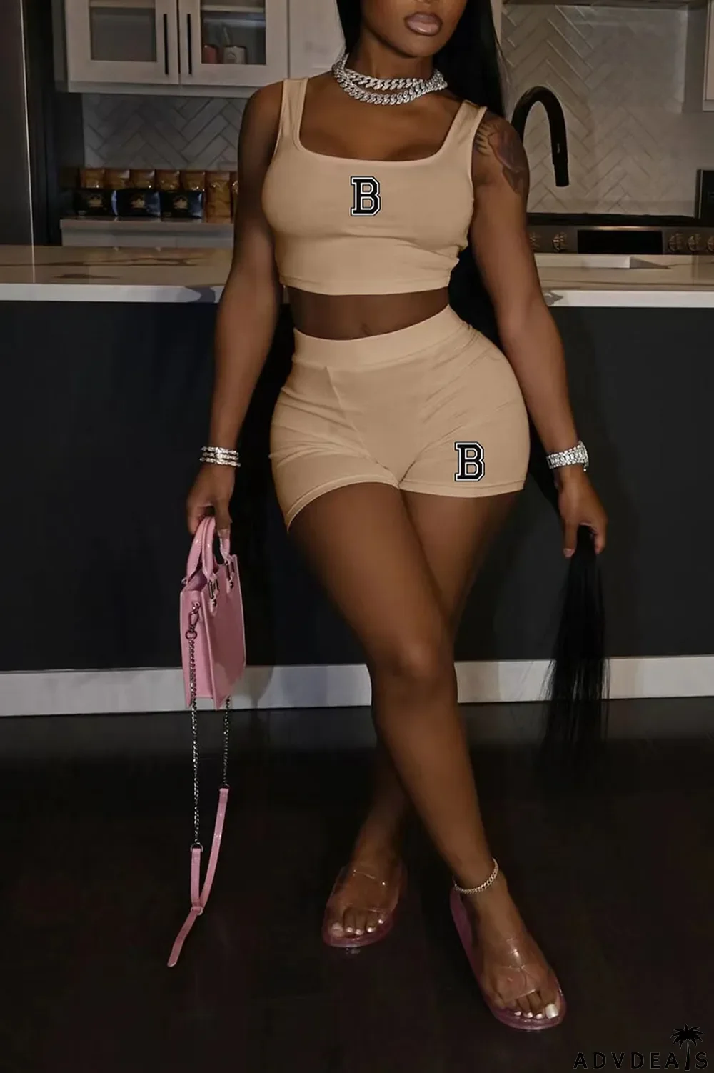 Orange Casual Print Patchwork U Neck Two Pieces