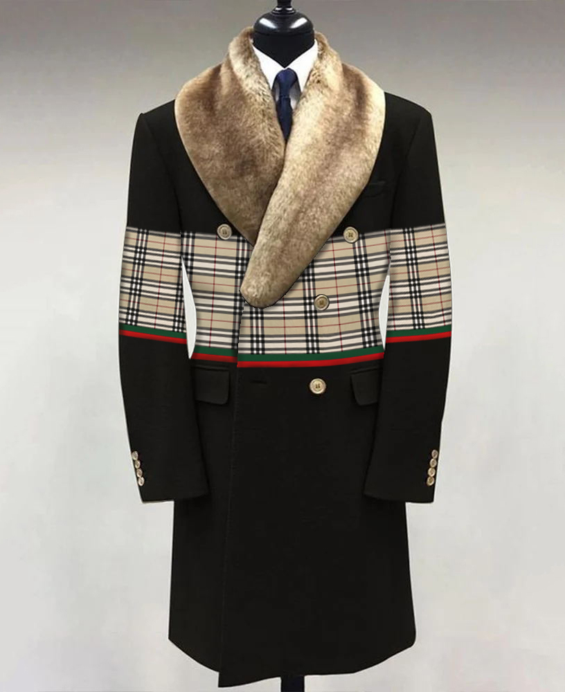 OK Retro Plaid Patchwork Fuzzy Collar Long Coat