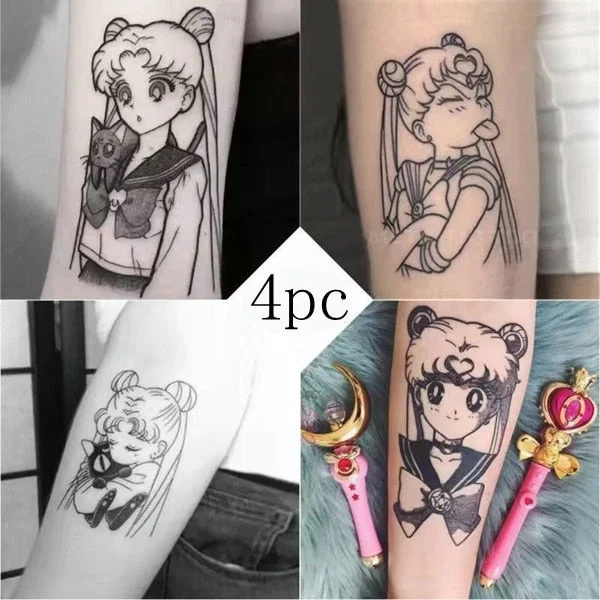 Cartoon Girl Waterproof Temporary Tattoo Sticker Female Black White Beautiful Girl Flower Arm Cat Art Fake Tattoo Fashion Tattoo