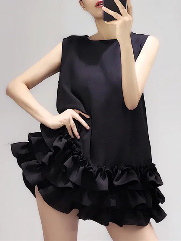 Loose Sleeveless Falbala Solid Color Split-Joint Zipper Round-Neck Mini Dresses