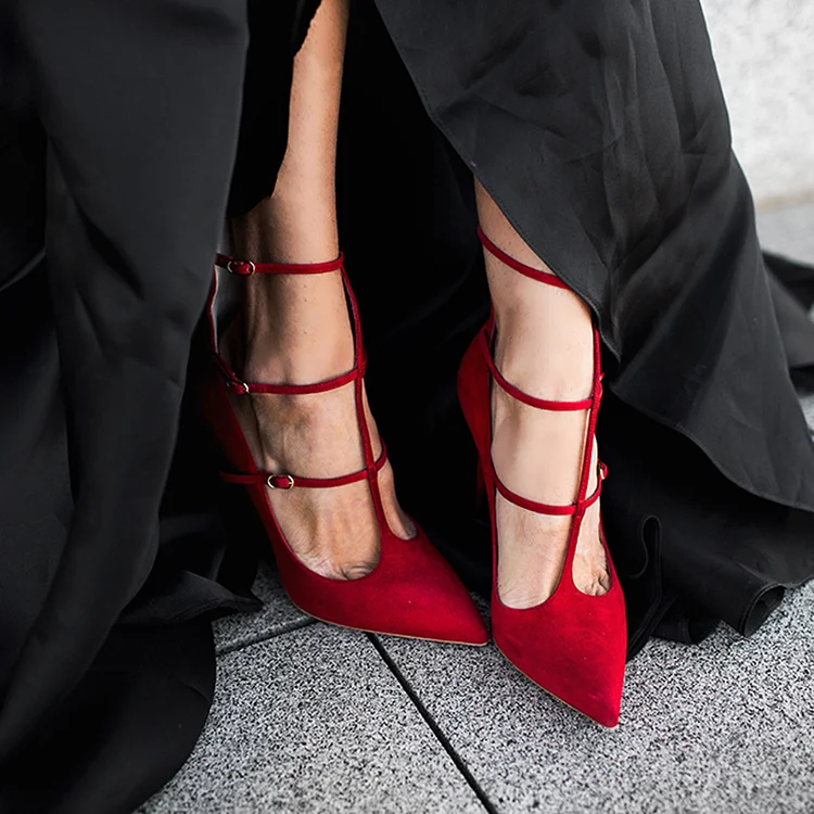 Red Pointy Buckle Stiletto Pumps Vdcoo