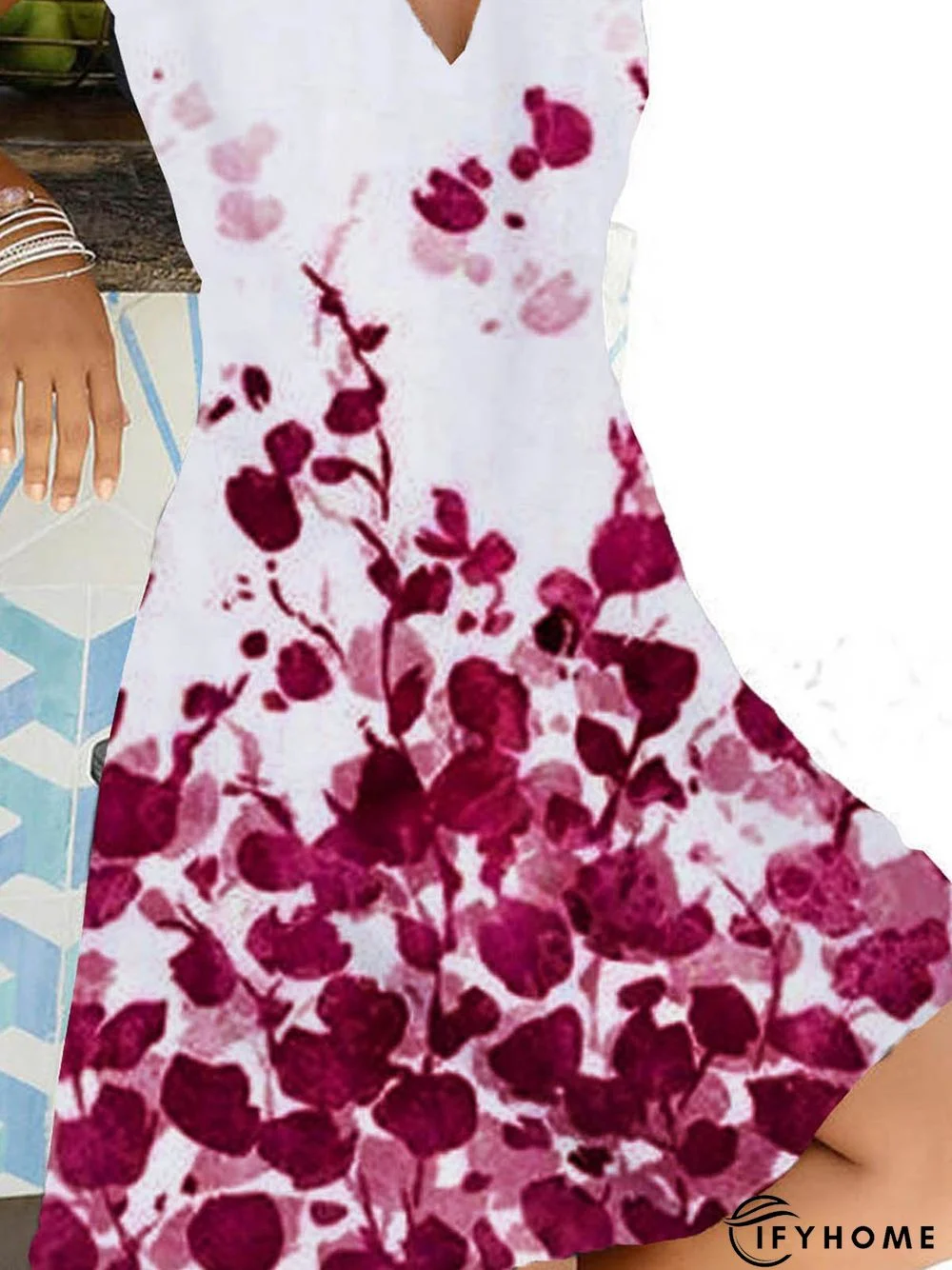 Floral Short Sleeve Printed Cotton-blend V neck Vintage Summer Blue Dress | IFYHOME