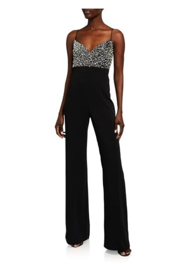 Lvs&Broner Chic Black Spaghetti Strap Sleeveless High Waist Wid-Leg Long Jumpsuit with Beadings