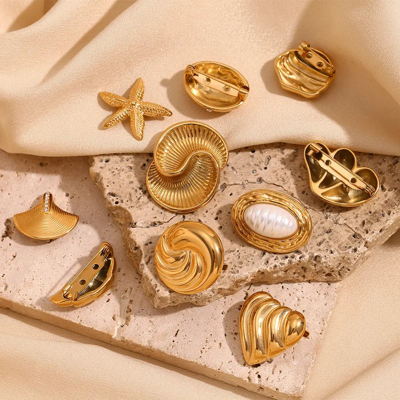 IG Style Pin Starfish Heart Shape Solid Color 304 Stainless Steel Inlay Pearl Zircon Women’s Brooches 1 Piece