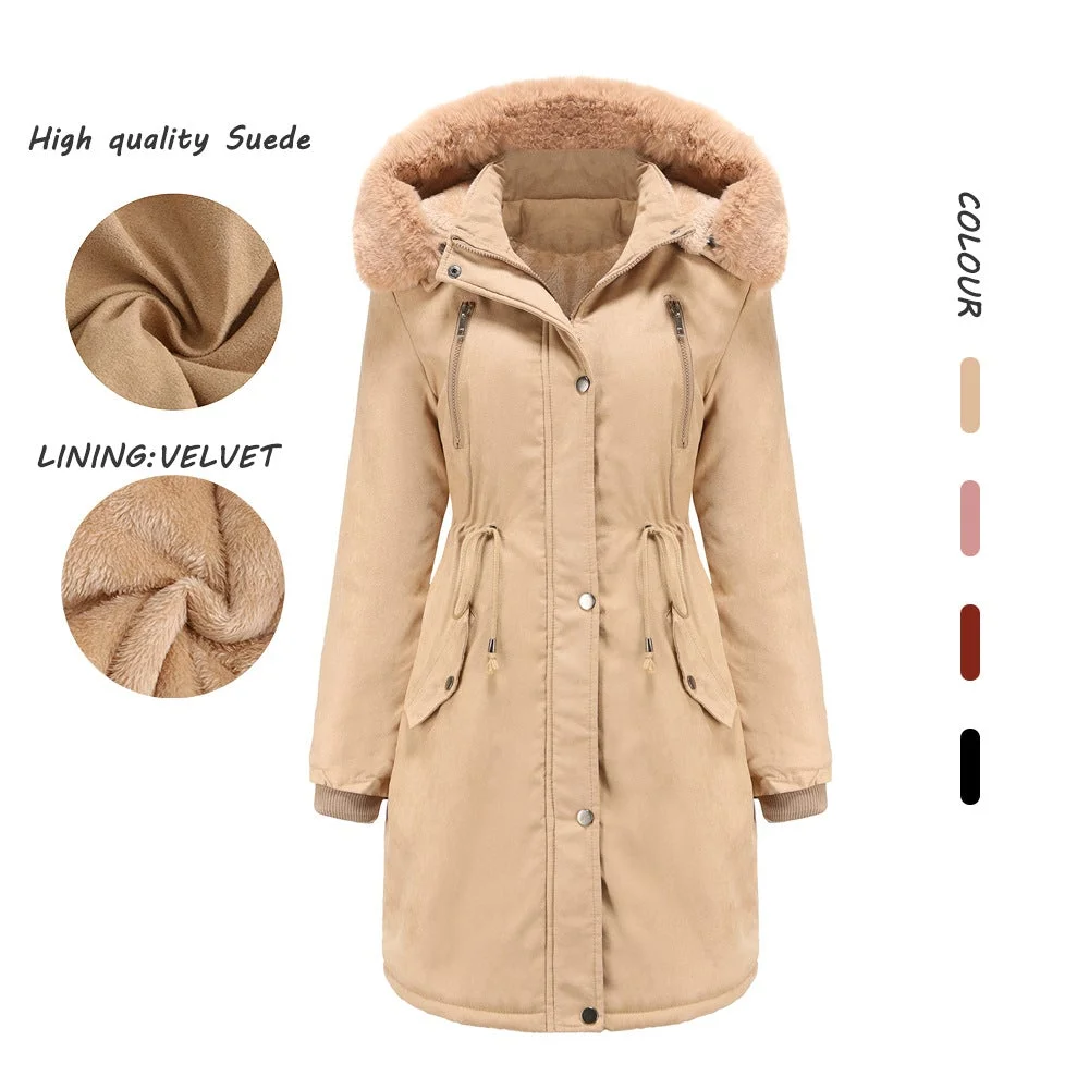 Women's Suede Padded Detachable Hat Large Fur Collar Jacket
