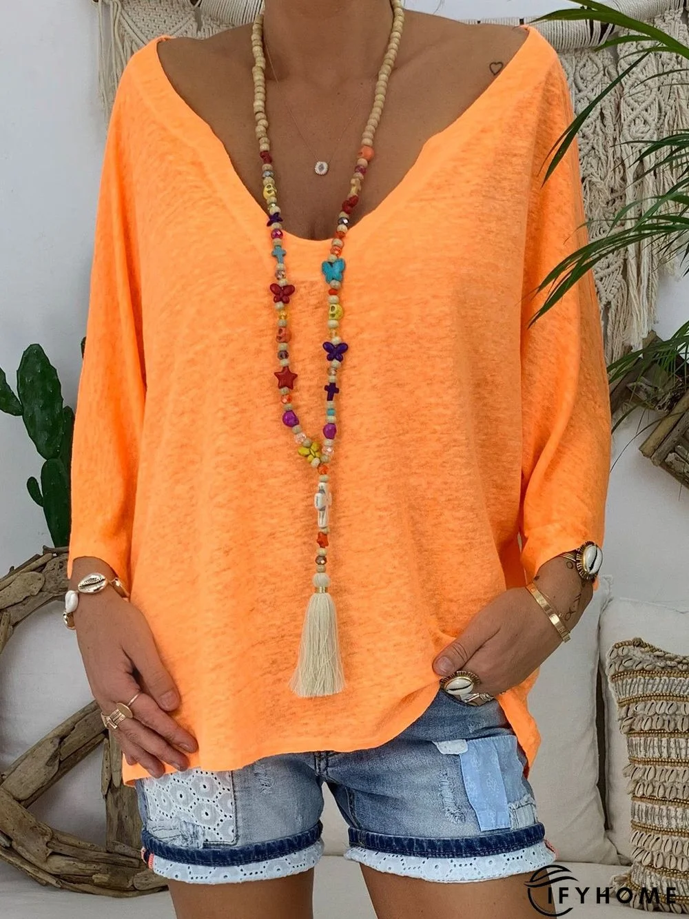 zolucky Casual V NeckSolid Cotton T-shirt | IFYHOME