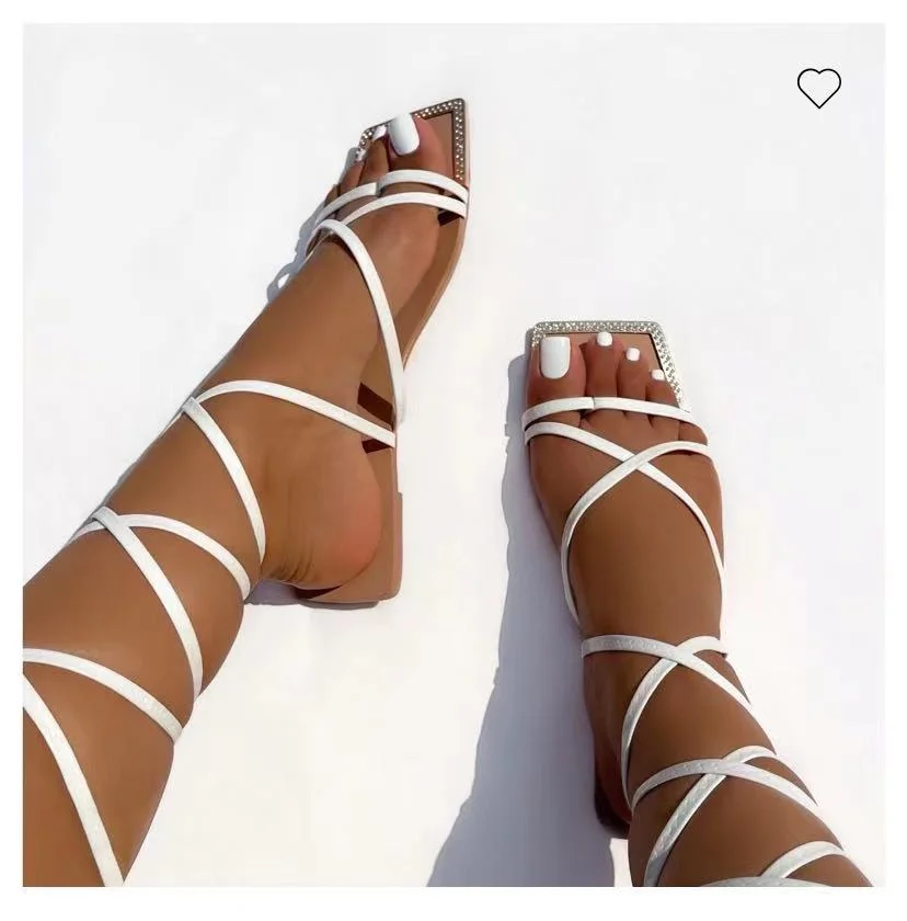 NAUSK 2021 NEW Summer Women's Shoes Fashion Open Toe Flat Sandals Sexy Solid Color Lace Up Women's Shoes Plus Size 42