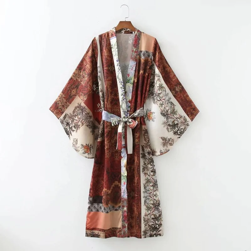 SLMD Vintage Chic Contrast Colors Patchwork Print Kimono Outfits With Sashes Women 2021 za Summer Fashion Elegant Thin Coat