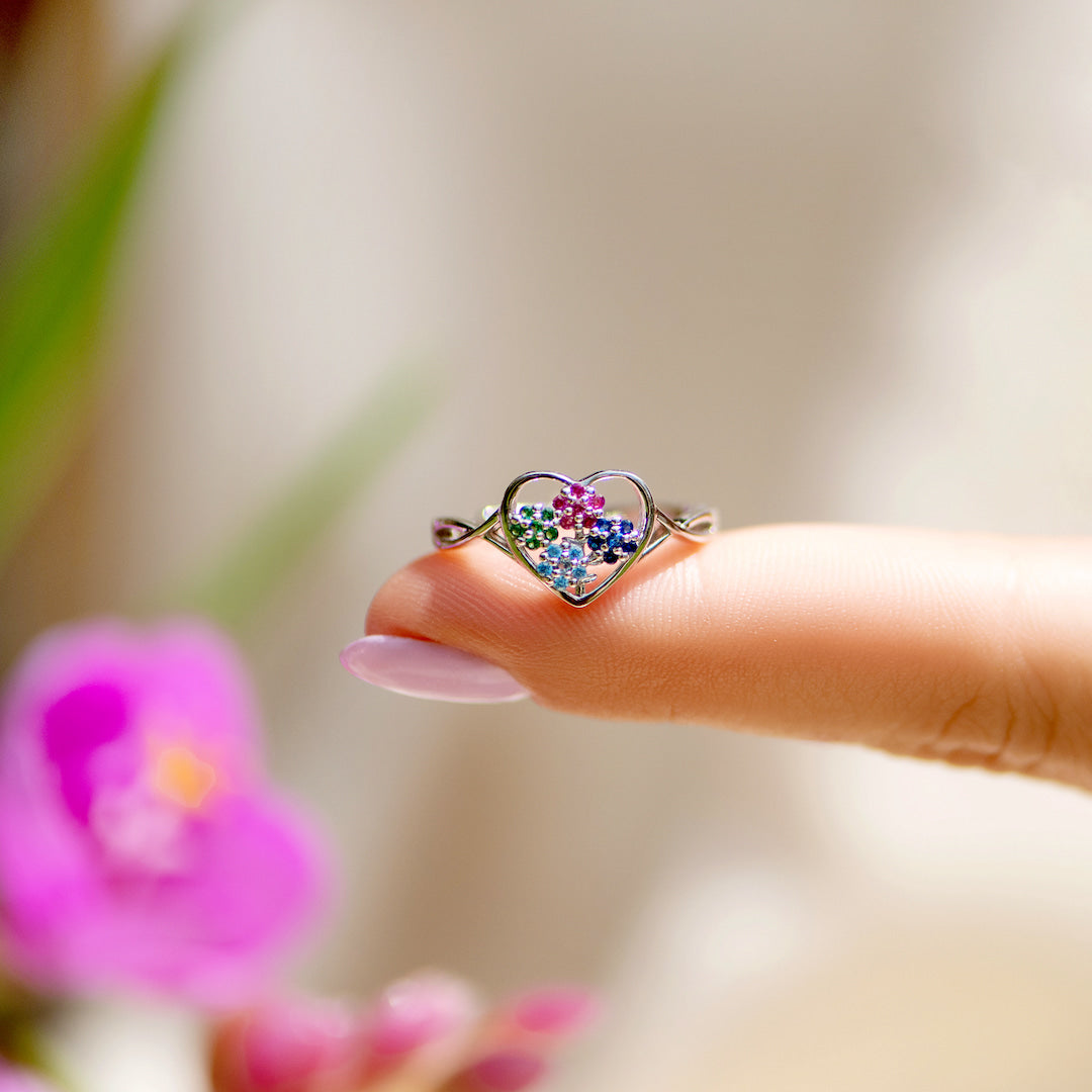 Mama's Heartbeats 1-5 Birthstones Flower Heart Ring