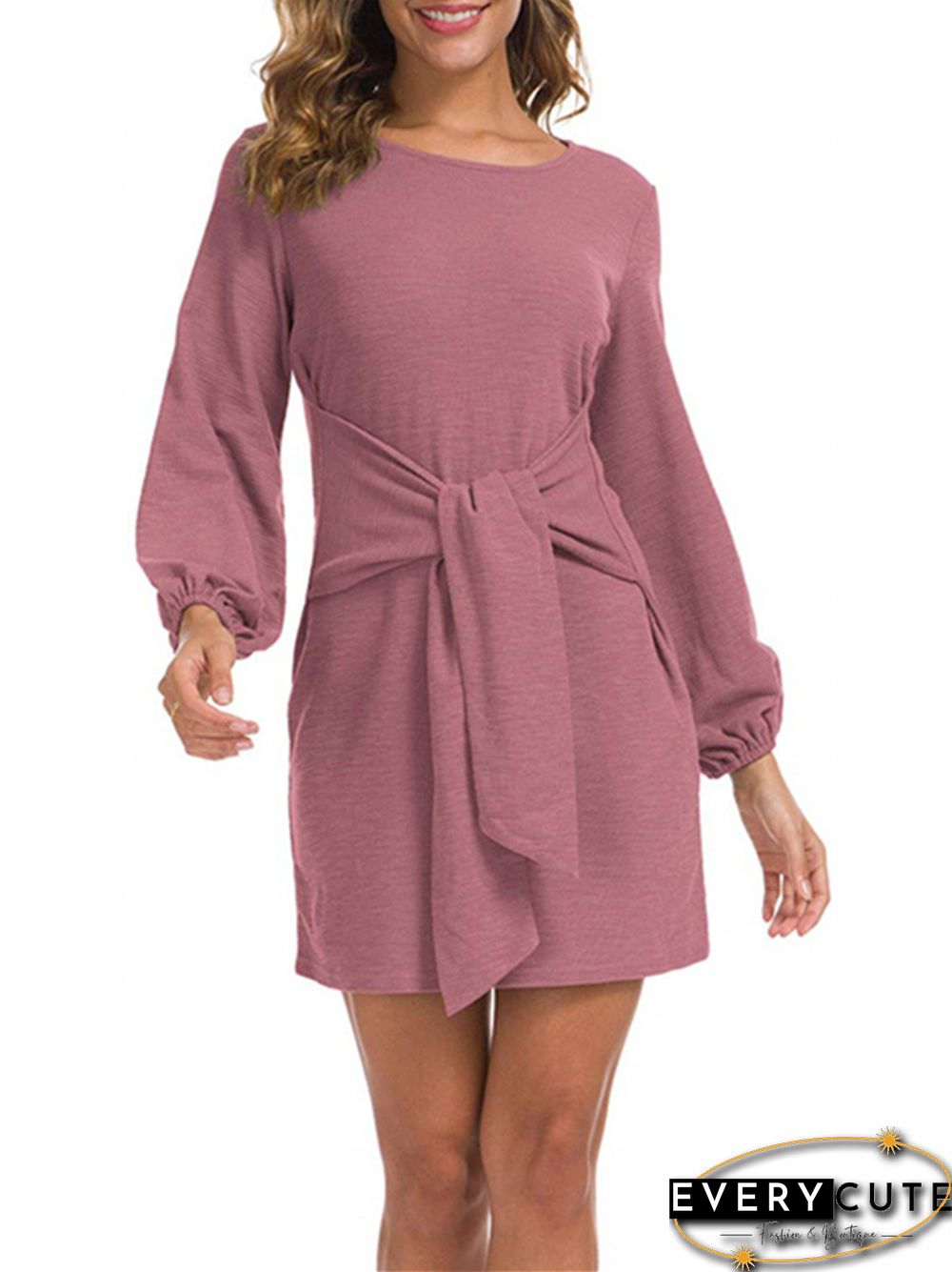 New Women's Waist Long Sleeve Strap Solid Color Dress