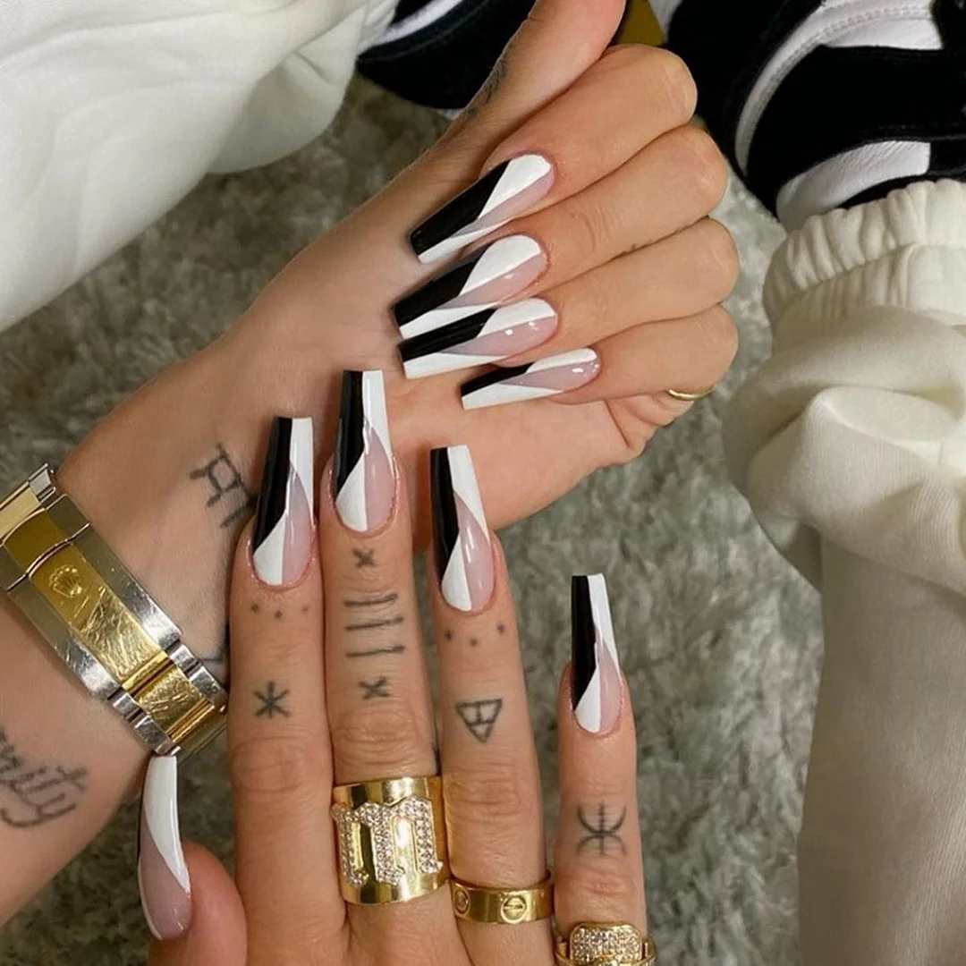 24pcs Coffin Fake Nails Long Mixed Black White Blood Pattern Press On Nails with Glue Removable Ballerina False Nails Full Tips-Nail Inspo