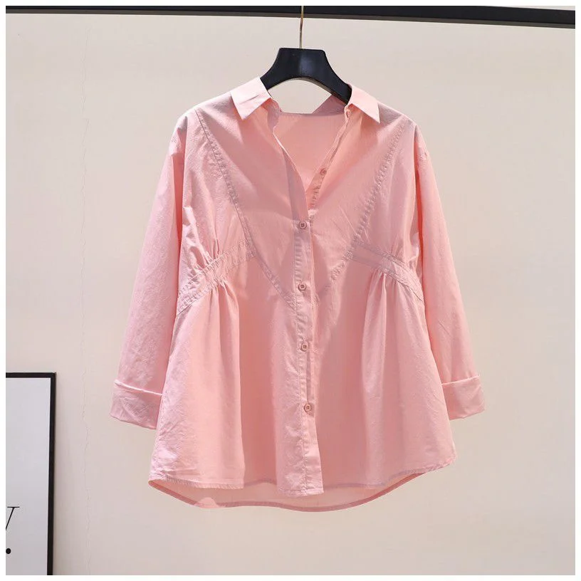 Athvotar Athvotar 2025 Spring And Autumn New Clad Waist Design Folds Loose Cotton Shirt Women Blue Long-Sleeved Shirt