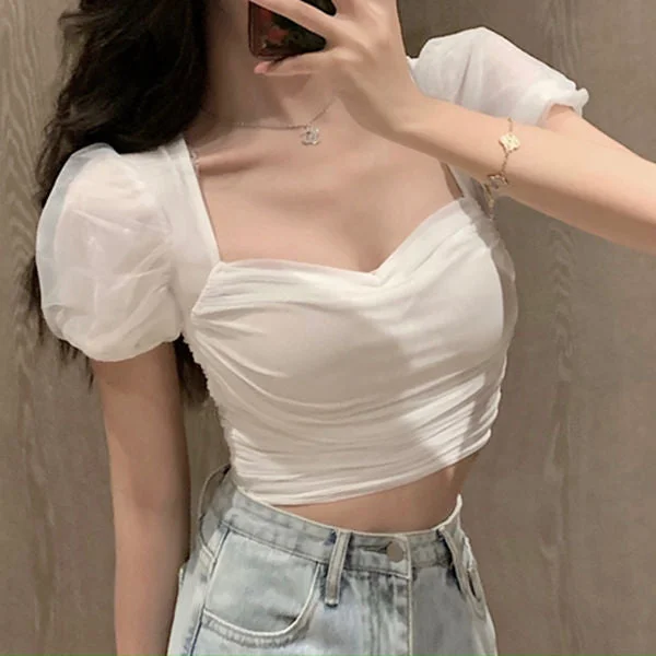 White Square Neck T-Shirt Puff Sleeve Crop Top