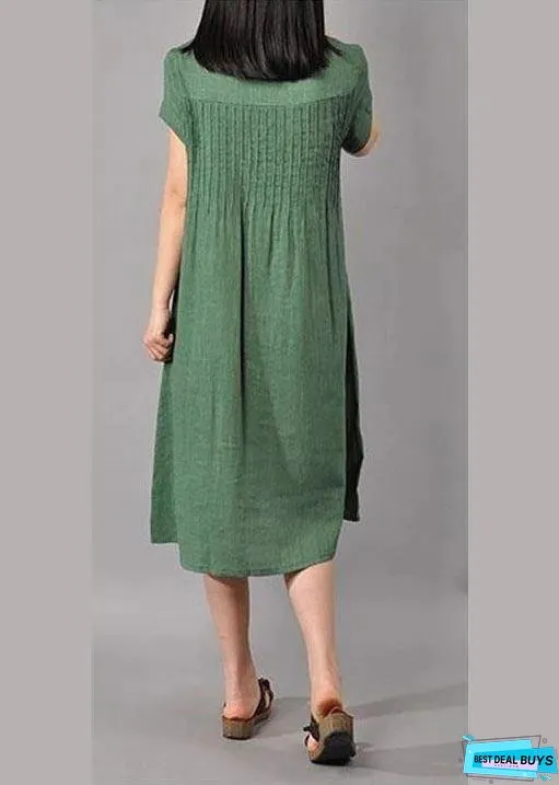 Unique Robes Women Cotton Linen Loose Fitting Short Sleeve Dress In Green