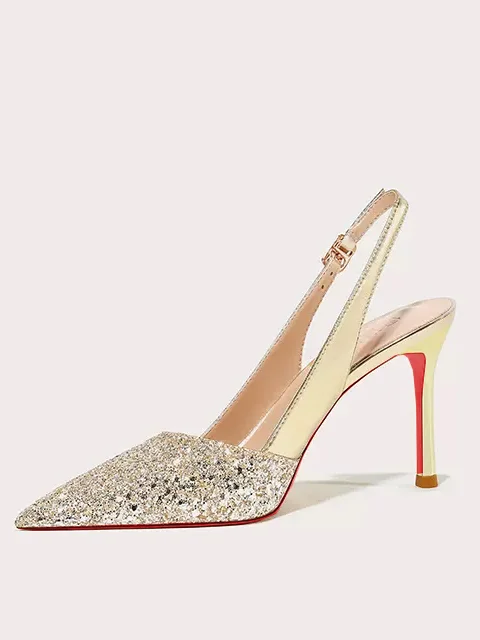 80mm Women's Red Bottom Pointed Toe Slingback Sandals Diamond  Patent Stiletto Wedding Banquet Dating Heels
