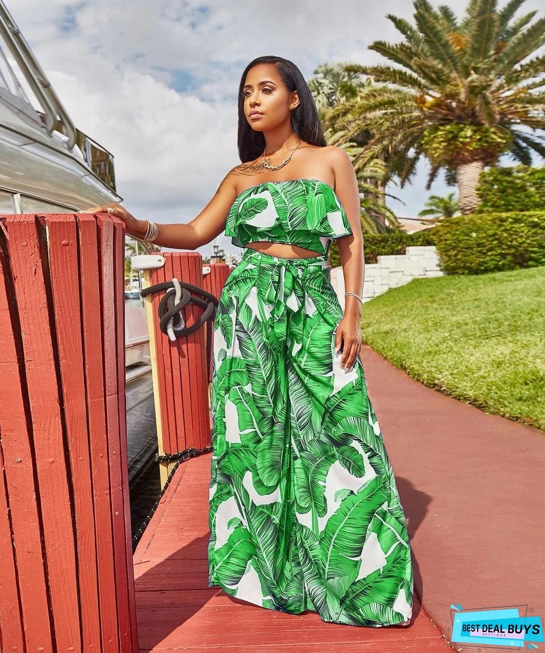 SEXY PRINTING STRAPLESS FLOUNCE TOP WIDE-LEG TROUSERS SUIT