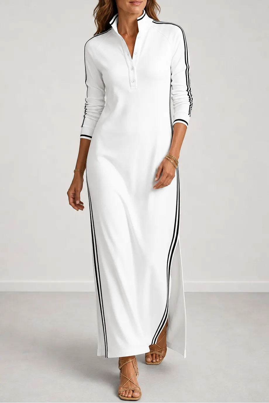 Long-Sleeve Maxi Dress with Contrasting Stripe Detail