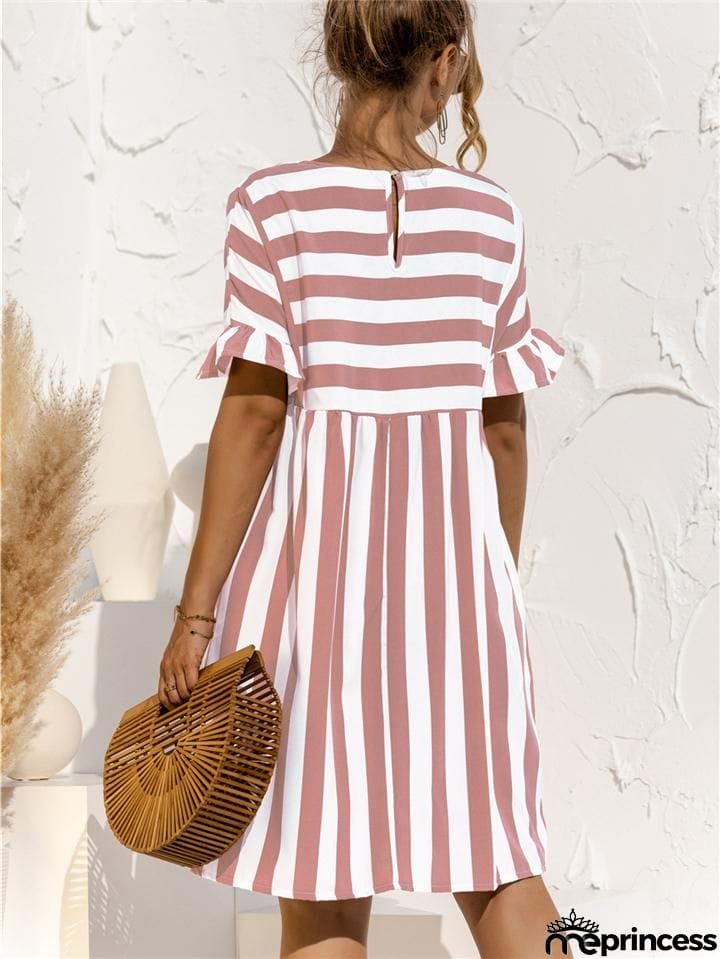 Relaxed Fit Round Neck Striped Ruffled Short Sleeve Flare Midi Dress