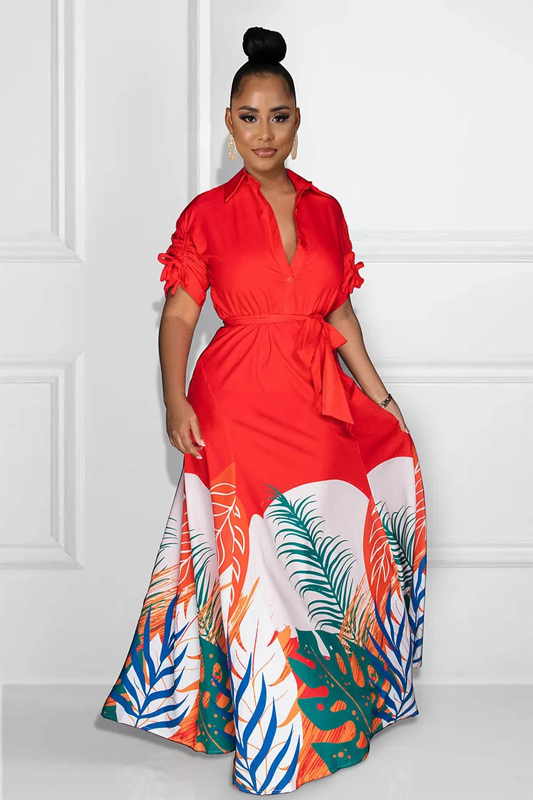 Ruched Short Sleeve V Neck Knotted Tropical Print Quilted Vacation Maxi Dresses-Red