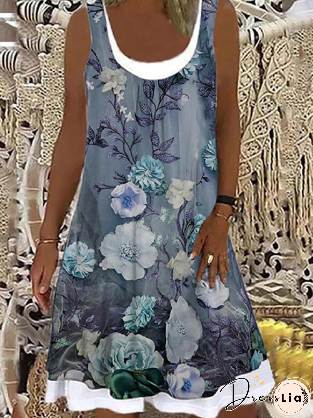 Women Casual Floral Print Round Neck Sleeveless Mini Dresses(Contains lining)