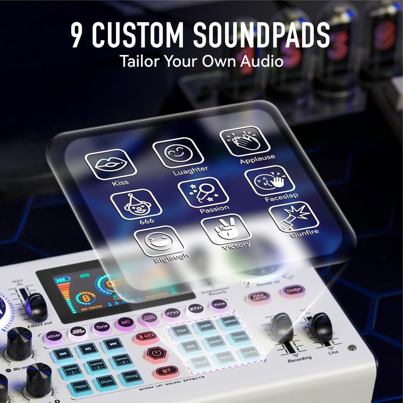 Product Introduction of HiCall C100PRO-P15 Live Audio Mixer. 48V Digital Sound Card. Dual DSP Chips. High Sampling Rate. Custom Effects. Sing Along. Instrument Reverb. Digital Display. Mute. RGB Light .FathersDayGift 3