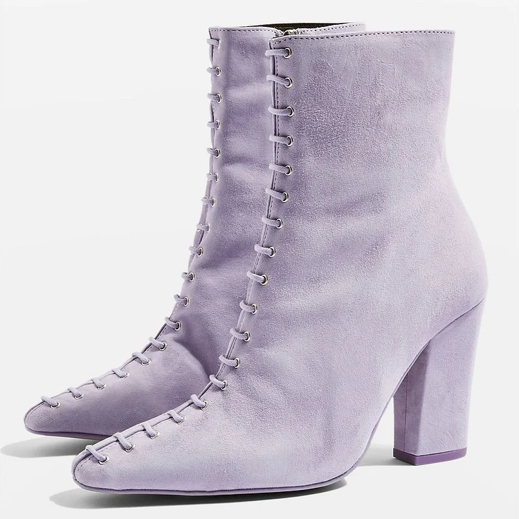 FSJ Violet Vegan Suede Lace-Up Chunky Heel Ankle Boots |FSJ Shoes