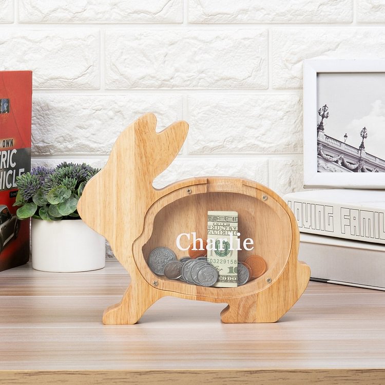 Alcancía de Madera con Conejito de Pascua Personalizada 1 nombre hucha