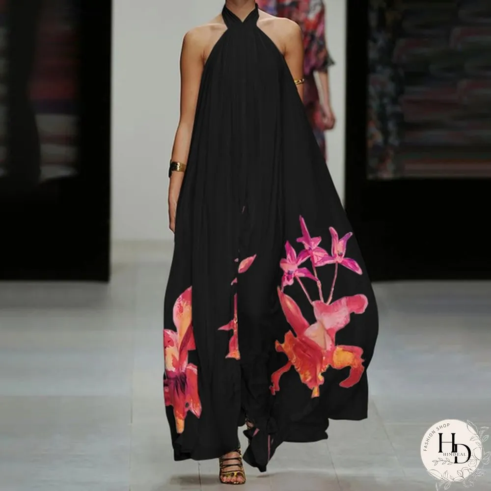 Summer Party Evening Sundress Women Floral Halter Backless Long Dress Casual Baggy