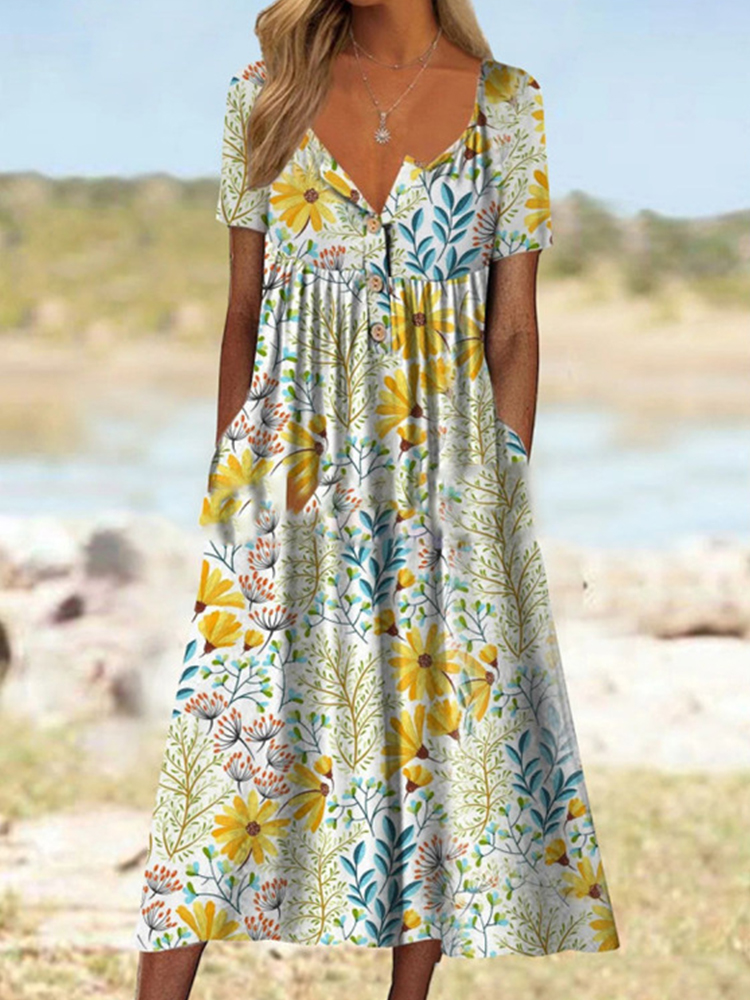 Yellow Flowers Art Button Pocket Midi Dress  artssus