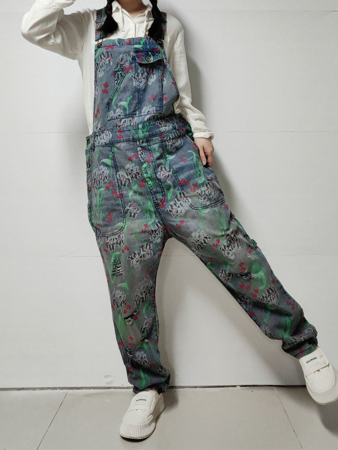 Women's Floral Printed Gradient Casual Retro Wide-leg Workwear Denim Overalls Jumpsuit
