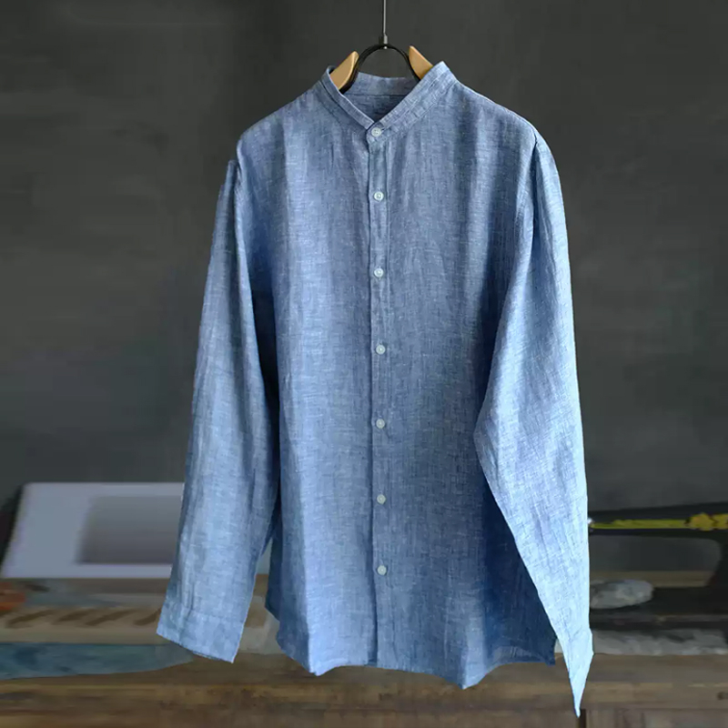 Men's Casual Denim Linen Long Sleeve Stand Collar Shirt