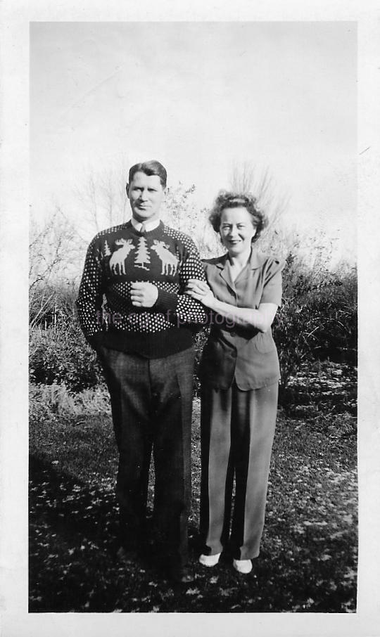 MOOSE SWEATER PORTRAIT Vintage FOUND FAMILY Photo Poster painting bw Original Snapshot 05 12 S