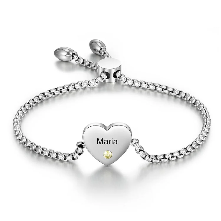 Heart Bracelet with 1 Birthstone Engraved Name Personalized Gift