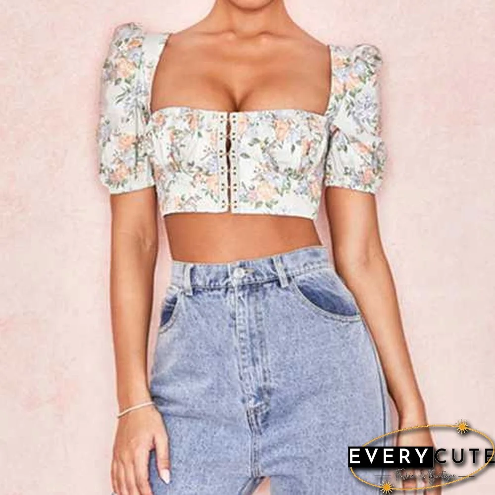 Vintage Floral Print Puff Sleeve Hook And Eye Crop Bodice Top