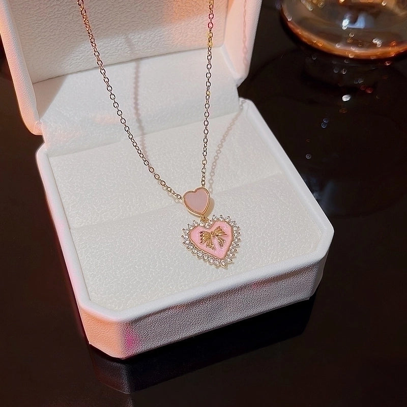 Vintage Style Heart Shape Bow Knot Titanium Steel Plating Pendant Necklace