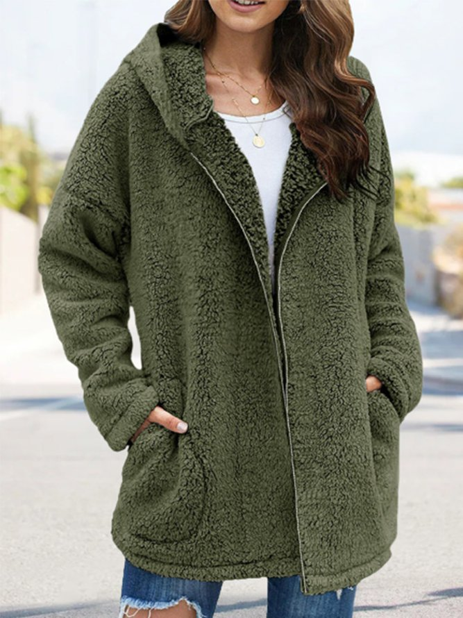 Plus Size Plain Long Sleeve Hoodie Pockets Casual Plush Coat | IFYHOME