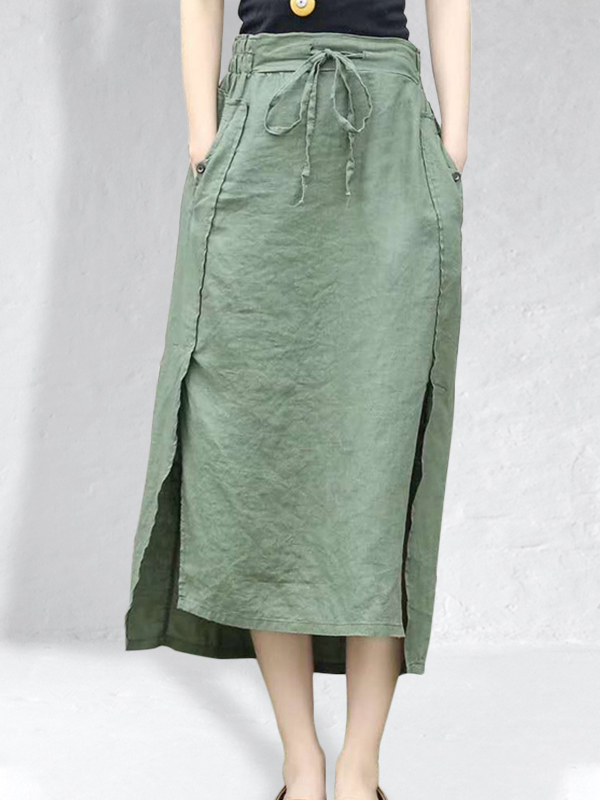 Linen Drawstring Waist Split Skirt wearshes