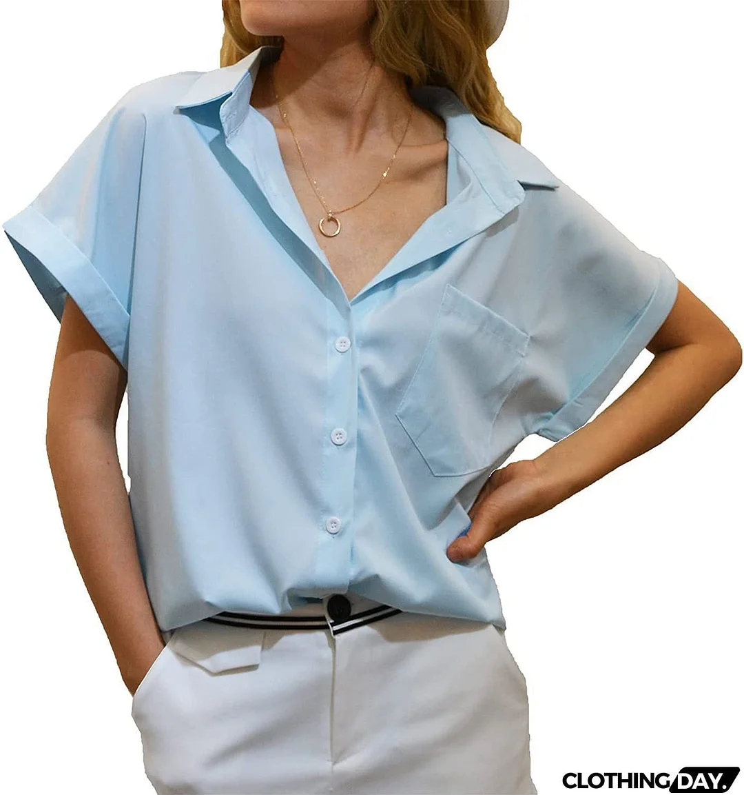 Women's Short-sleeved T-shirt V-neck Button-up Blouse