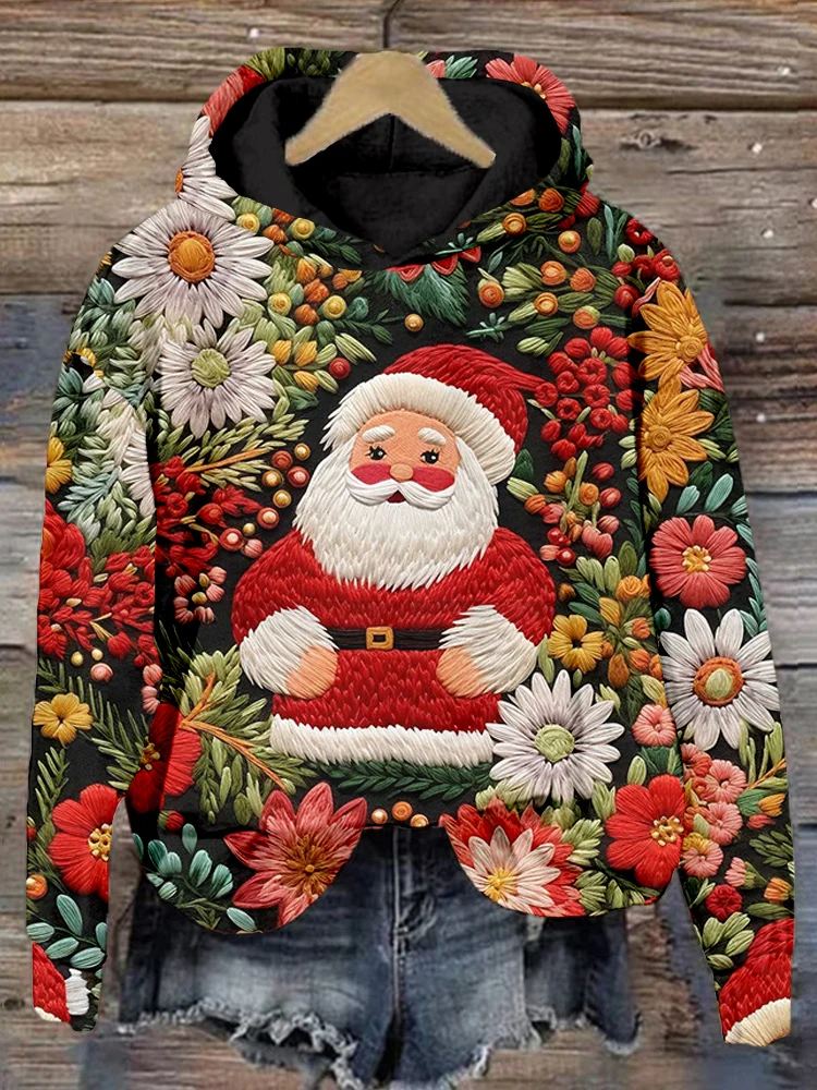 Vintage Christmas Santa Embroidery Art Cozy Hoodie
