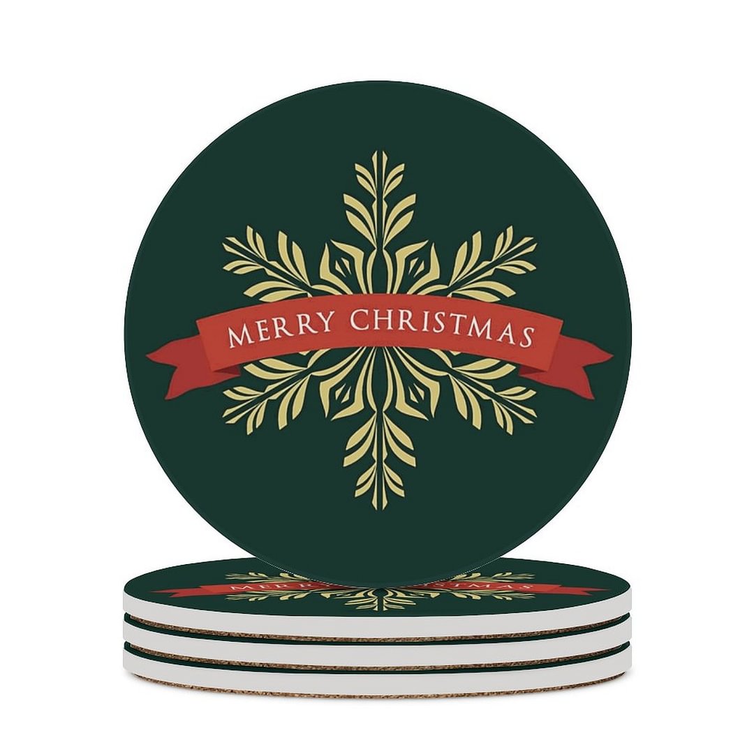 Merry Christmas with Snowflakes Round Green Coasters