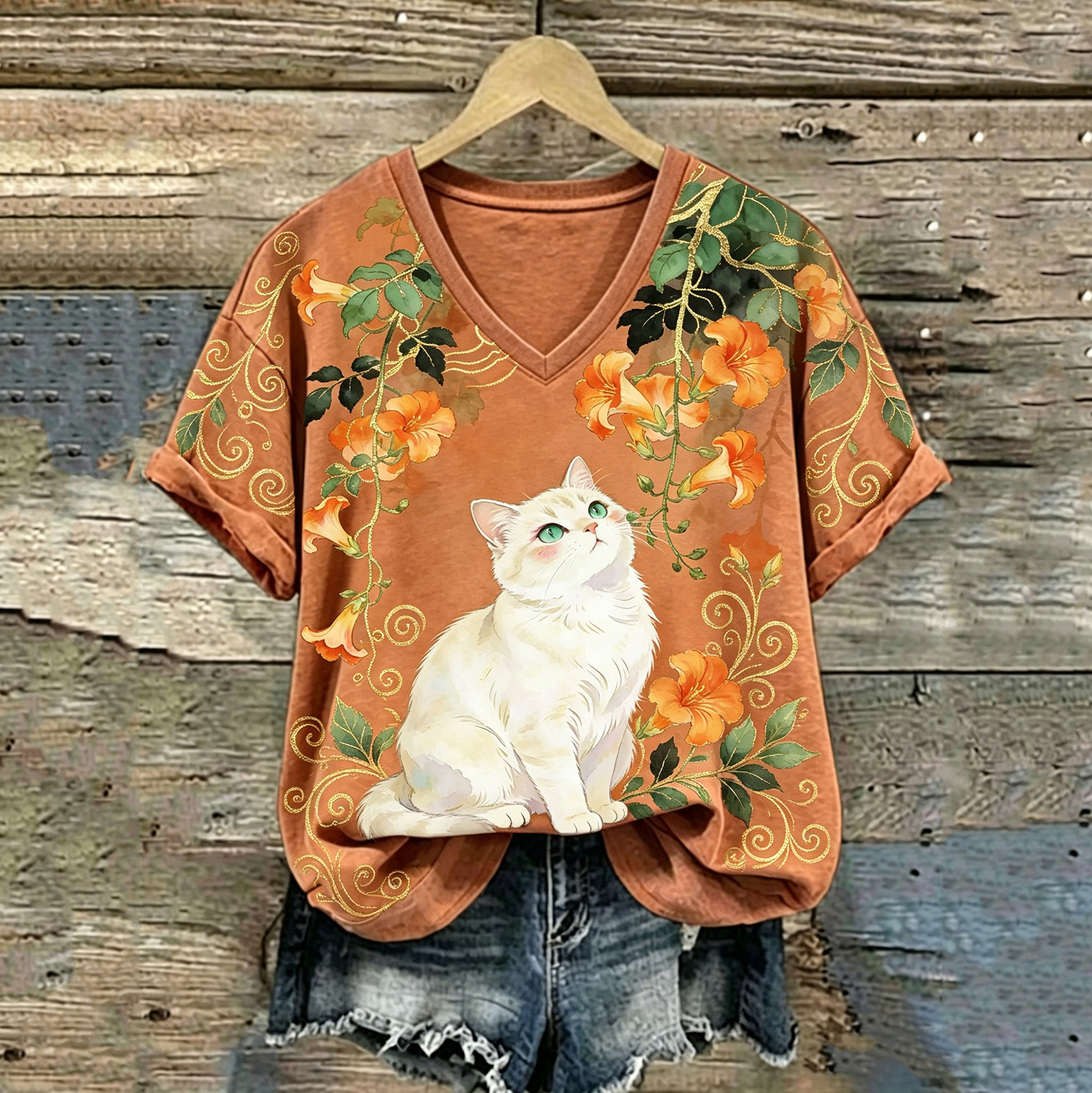 Comstylish Retro Cute Cat And Floral Pattern Casual T-shirt
