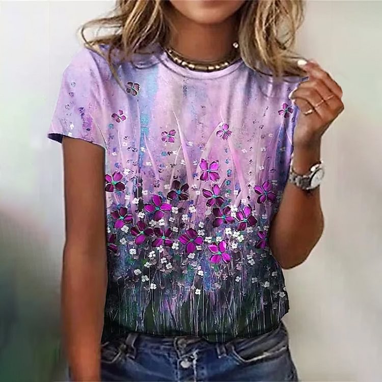 Comstylish Floral Printed Round Neck Casual T-Shirt