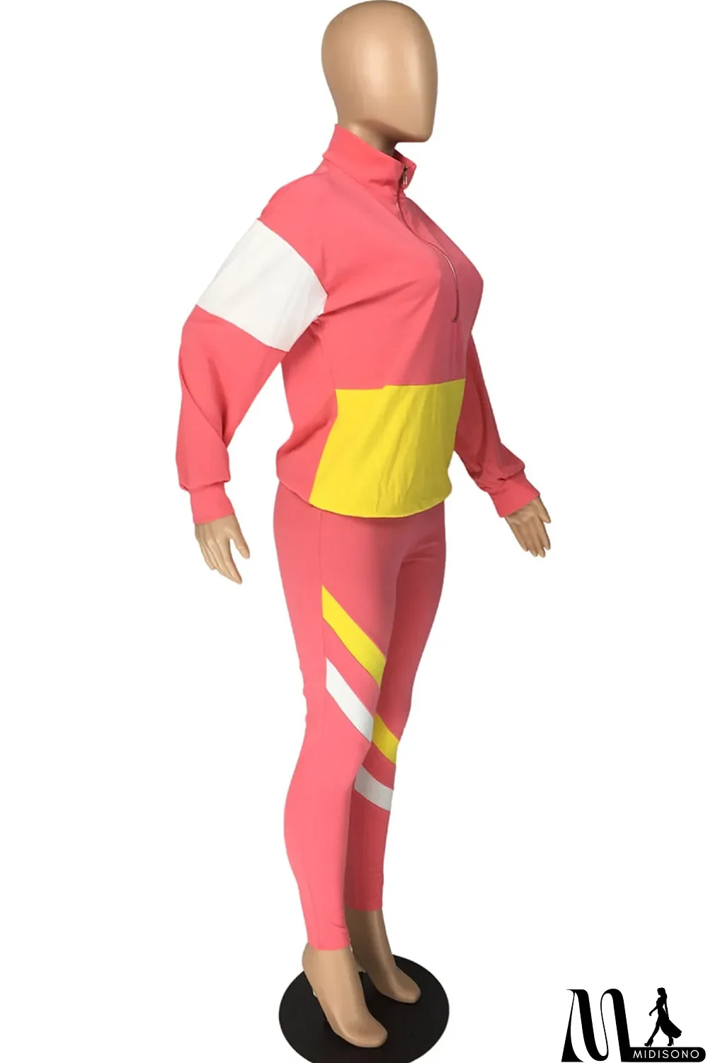 MidiSono - Fluorescent green Casual Striped Print Zippered Split Joint Mandarin Collar Long Sleeve Two Pieces