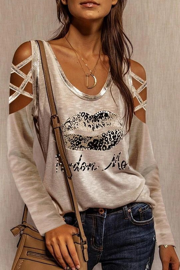 Casual Letter Lips Printed Hollowed Out O Neck Tops - Life is Beautiful for You - SheChoic