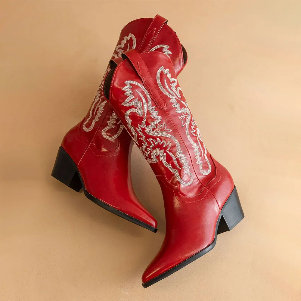 Red Pointed Toe Chunky Heel Pull On Embroidered Cowboy Boots for Women