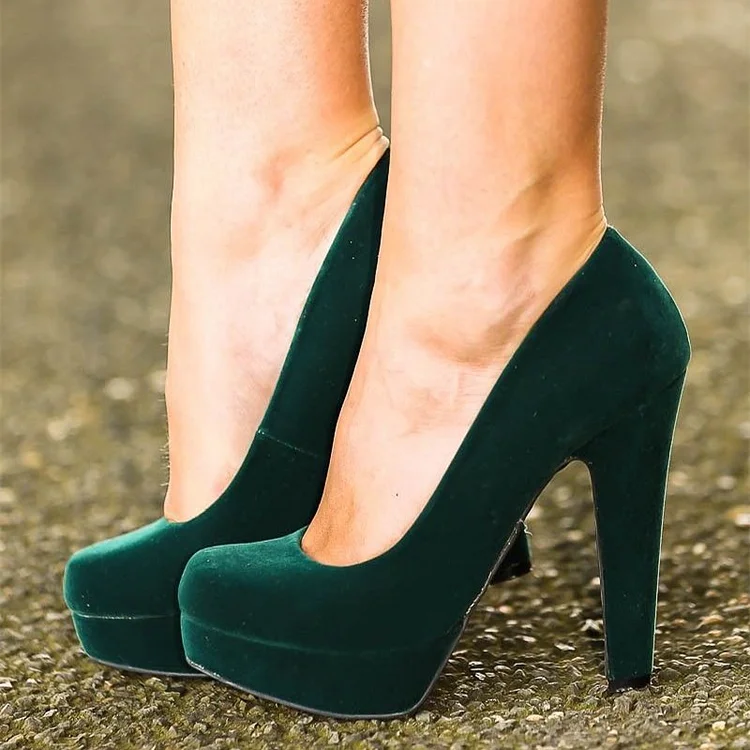 Green Velvet Heels Chunky Heel Closed Toe Platform Pumps |FSJ Shoes