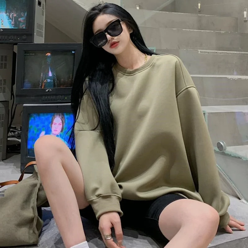 2021 Women's Hoodies Autumn Winter New Pullover Fashion Korean Casual Female Loose Solid Sweatshirt